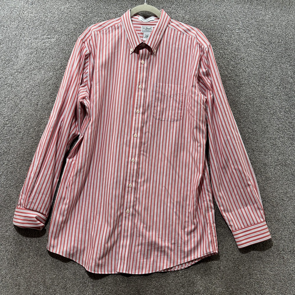 LL Bean Trim Fit Button Up Shirt Men Large Tall Red Striped Cotton Long Sleeve